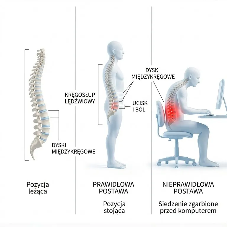 Minimalistyczny schemat pokazujący zmianę obciążenia krążków międzykręgowych w trzech pozycjach
