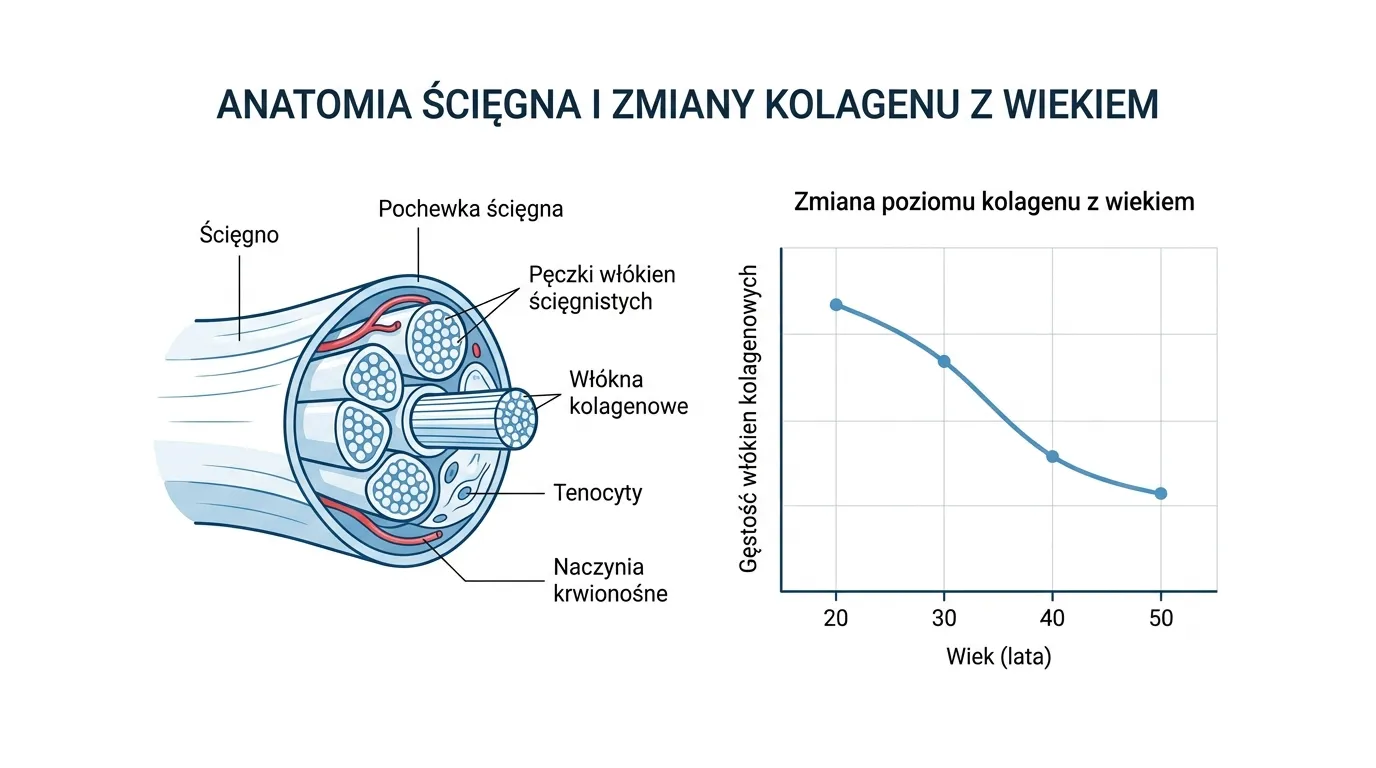 Infografika medyczna/anatomiczna. Przekrój ścięgna oraz spadek kolagenu wraz z wiekiem.